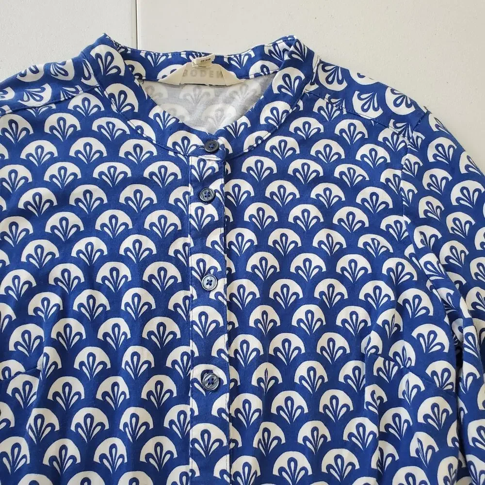 Boden Dress Womens 4 Blue White Button Front Long Sleeve A-Line Scallop Print - Picture 5 of 12